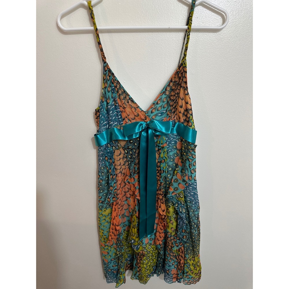 BCBGMAXAZRIA Peacock Feather Print Silk Ruffle Mini Dress Teal Orange Size 4
